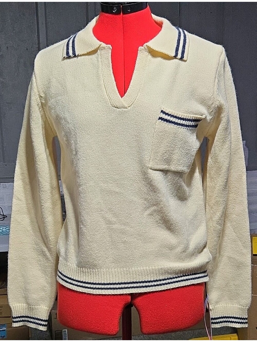 CIDER Women's Cream Blue Striped Knit Pocket Collared Pullover Sweater M